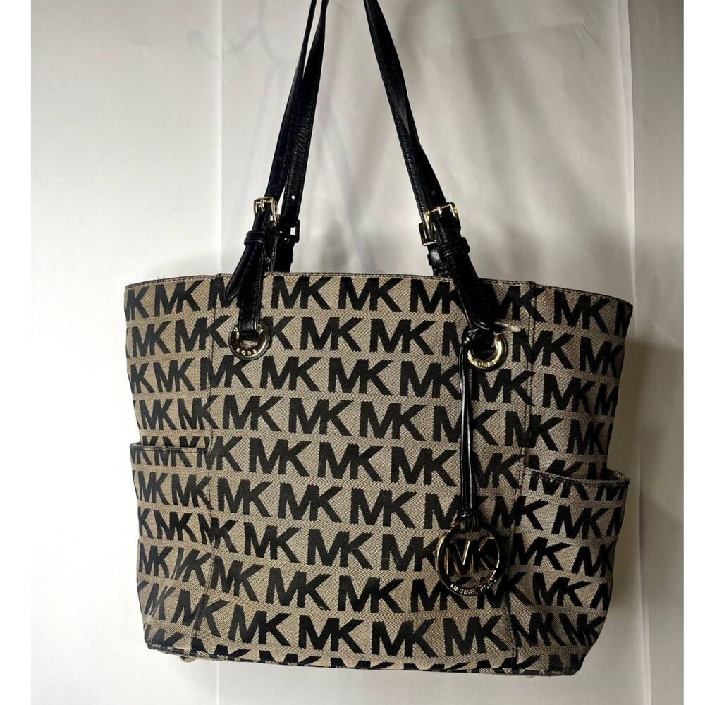 Michael Kors Large Tan & Black Logo Signature Shoulder Bag Tote Monogram